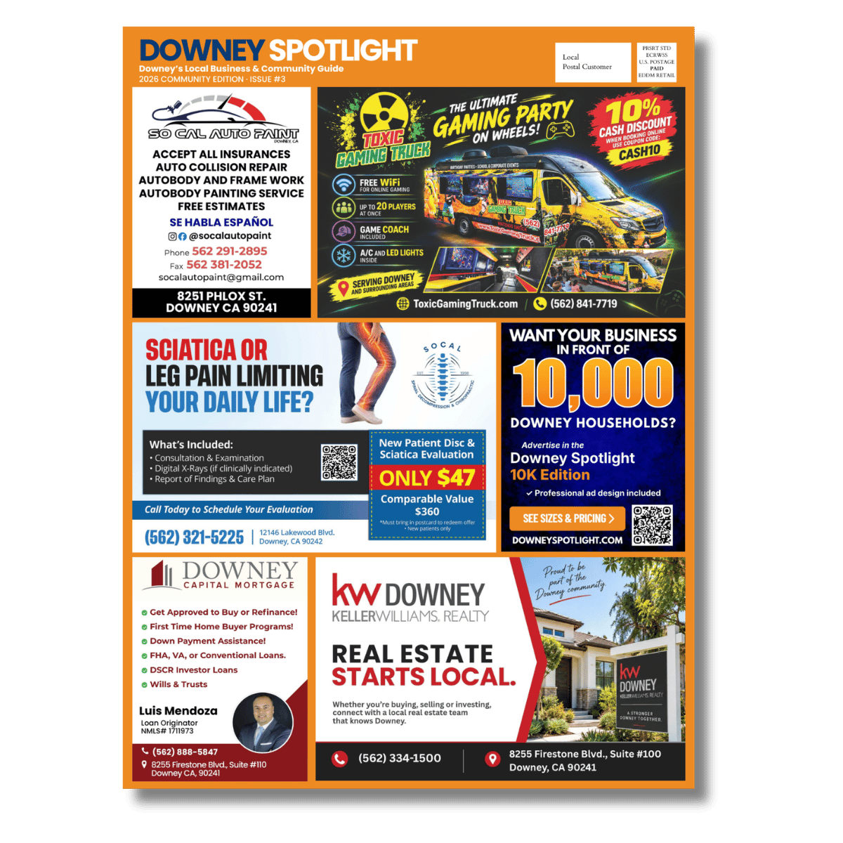 Downey Spotlight 9×12 community postcard featuring local businesses