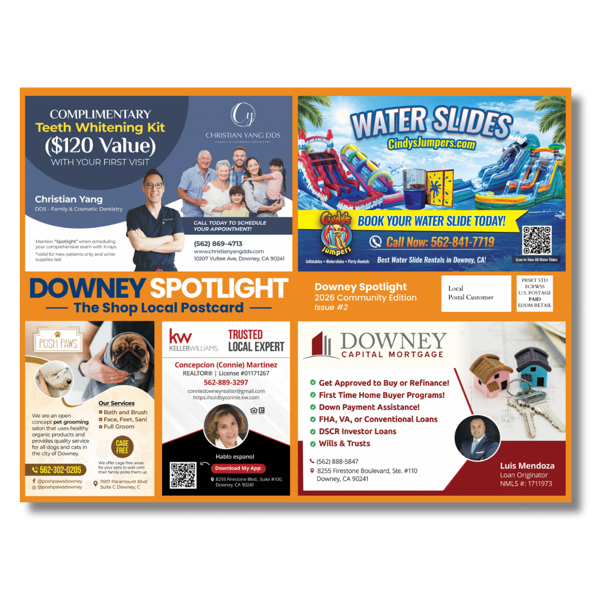 Downey Spotlight 9×12 community postcard featuring local businesses