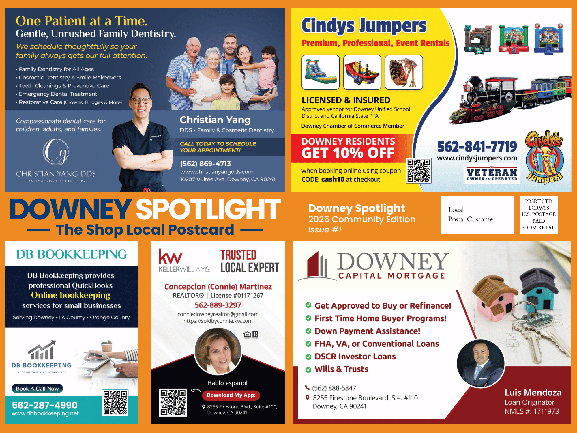 Downey Spotlight 9×12 community postcard featuring local businesses
